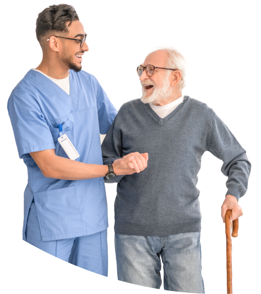 A male caregiver assisting a senior man