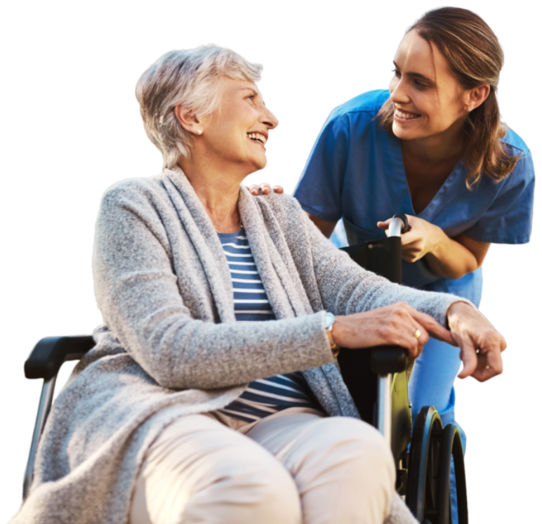 A female caregiver and a senior woman sitting on a wheelchair