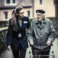 A female assisting a veteran to walk outside