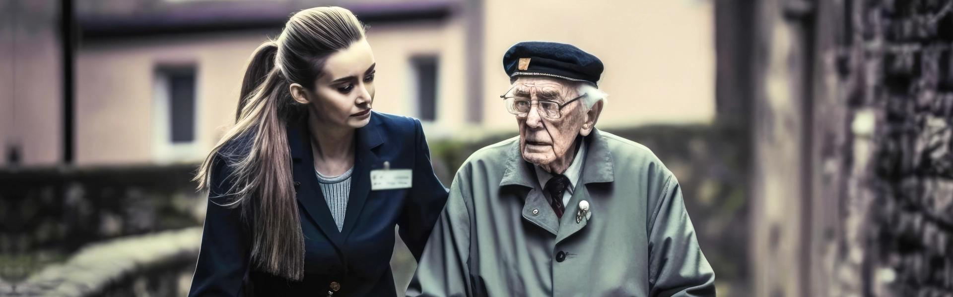 A female assisting a veteran to walk outside